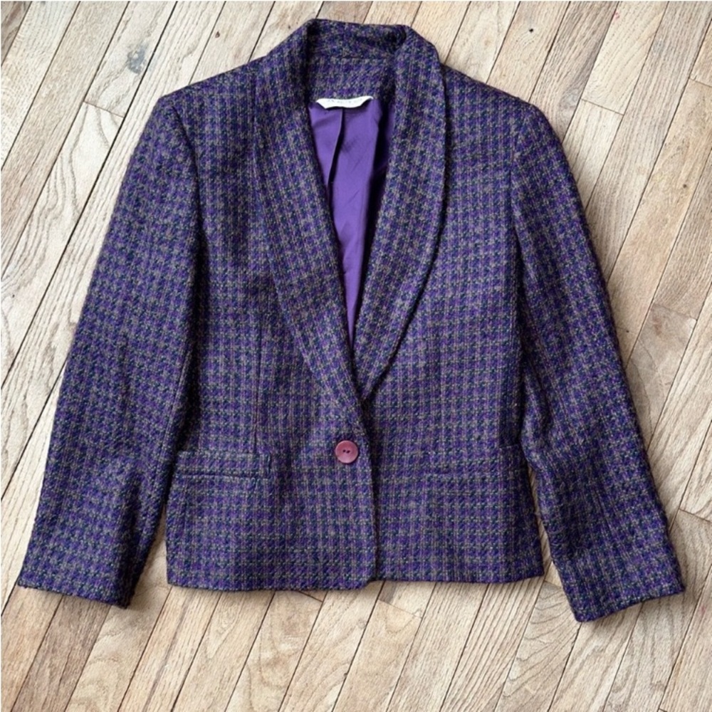 Vintage Austin Reed Wool Tweed Blazer Jacket size 14 Purple Green Yellow